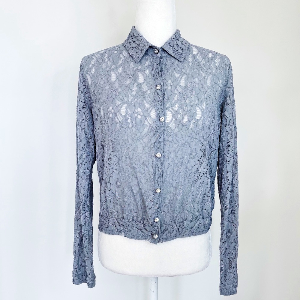 Hinge Gray Lace Jean Jacket Style with Crystal Buttons